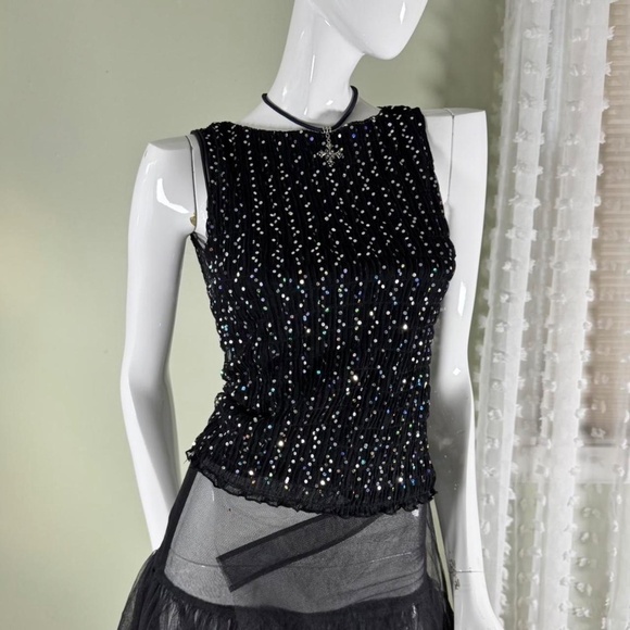 Y2K 90s Formula X Black Sequin Mesh Tank Top — Made in USA — M (Fits S–M)  New - Picture 3 of 7
